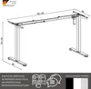 A technical drawing of a height-adjustable desk frame with dimensions and assembly instructions. Produktbild-Vorschau