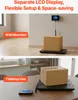 The image shows two different ways to use a digital scale: wall-mounted and tabletop. A box is placed on the scale in both scenarios. Podgląd zdjęcia produktu