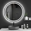 A modern bathroom vanity with a round LED mirror, a vessel sink, and a faucet. Produktbild-Vorschau