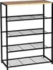 A multi-tier shoe rack with a wooden top shelf and black metal frame. Náhľad obrázku produktu