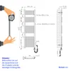 A technical drawing and diagram of a heated towel rail, with a hand holding a measuring tape for scale. Náhľad obrázku produktu