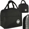 A collage of images showing a black insulated lunch bag from different angles, including a close-up of its interior. Podgląd zdjęcia produktu