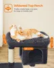 A cat is lying on a cat tree with text overlays describing its features. Produktbild-Vorschau