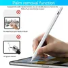 A hand holding a stylus pen and drawing on a tablet, with instructional graphics and text about the stylus's palm rejection function. Produktbild-Vorschau