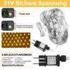 A collage of images showing details of a yellow LED net light string, including its power adapter, timer function, and different lighting modes. Produktbild-Vorschau