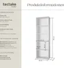A white bookshelf with dimensions and technical specifications listed next to it. Náhled obrázku produktu