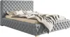 A tufted gray upholstered bed with beige bedding. Náhled obrázku produktu