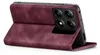 A burgundy flip case for a smartphone is shown open, revealing the phone's camera module. Produktbild-Vorschau