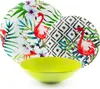 A set of plates and a bowl with a tropical flamingo and leaf design, arranged on a white background. Produktbild-Vorschau