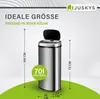 A silver automatic trash can with an open lid, shown with dimensions and volume information. Náhled obrázku produktu