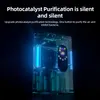 A transparent air purifier with blue internal lighting and a control panel. Produktbild-Vorschau