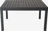 A dark gray, slatted aluminum garden table with four legs, shown from a front-facing, slightly elevated angle against a plain light gray background. Anteprima dell’immagine prodotto