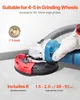 An angle grinder with a dust shroud attachment is shown on a gray surface, with text overlays describing its features and compatibility. Voir les images du produit