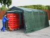 A person is using a pallet jack to move a stack of red crates into a green tent-like structure. Anteprima dell’immagine prodotto