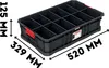 A black plastic storage box with multiple compartments, shown from a slightly elevated diagonal angle. Dimensions are indicated with text overlays. Voir les images du produit