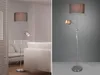 A floor lamp with a reading light is shown in two different settings: one in a living room with a sofa and the other on a plain background. Náhľad obrázku produktu