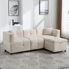 A beige sectional sofa with an ottoman is shown in a living room setting. Voir les images du produit