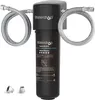 A black water filter system with two braided hoses attached, shown against a white background. Two small metal fittings are placed at the bottom left of the image. Náhled obrázku produktu