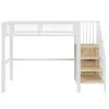 A white metal loft bed with wooden steps is shown against a white background. Podgląd zdjęcia produktu