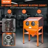 A VEVOR 60-gallon sandblasting cabinet is shown in an orange color, with various features highlighted by text and icons. There are also 'before' and 'after' images of a metal part. Produktbild-Vorschau