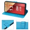 A blue flip cover wallet case for a Xiaomi Redmi Note 13 Pro 4G phone is shown open, displaying the phone's screen. The case has embossed floral patterns and a magnetic clasp. Smaller inset images show details of the case's texture and clasp. Produktbild-Vorschau