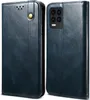 A blue leather flip wallet case for a smartphone is shown from two angles. Produktbild-Vorschau