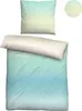 A bedding set including a duvet cover and a pillowcase, laid out flat on a white background. The bedding features a gradient color pattern transitioning from aqua/blue to yellow/white. Produktbild-Vorschau
