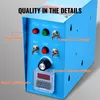 A close-up view of the control panel of a blue industrial machine, with various switches, buttons, a dial, and a digital display. Text overlays highlight different features and controls. Podgląd zdjęcia produktu