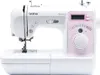 A white Brother sewing machine with pink accents is shown against a white background. Produktbild-Vorschau