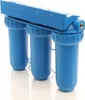 A blue three-stage water filter system mounted on a bracket, shown against a white background. Produktbild-Vorschau
