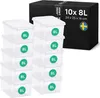 A set of ten clear plastic storage boxes stacked in two columns, with a black box in the background showing product details. Produktbild-Vorschau