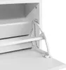 Close-up view of the interior of a white shoe cabinet with one of the flip-down drawers open, showing its internal mechanism and shelf. Anteprima dell’immagine prodotto