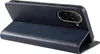 A blue leather flip case for a smartphone is shown from a side angle, with the front flap open to reveal the inside. Produktbild-Vorschau