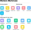 A grid of icons representing various features of a smartwatch, categorized under 'Kommunikation' (Communication) and 'Absicherung' (Security), and 'Werkzeuge für das Leben' (Tools for Life). Produktbild-Vorschau