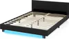 A black upholstered bed frame with a slatted base and LED lighting underneath. Náhled obrázku produktu