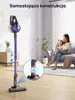 A purple and black stick vacuum cleaner is shown in a living room setting. In the background, a woman and child are sitting on a couch. A close-up inset shows the vacuum's brush head with a lock icon, indicating a feature. Podgląd zdjęcia produktu