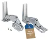 Two metal hinges with white plastic inserts and a product tag are shown against a white background. Produktbild-Vorschau