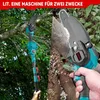 A collage showing an extendable pole saw and a handheld chainsaw cutting a tree trunk. Produktbild-Vorschau