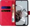 A red flip cover phone case with card slots and a banknote is shown next to a smartphone displaying a wallpaper. Produktbild-Vorschau