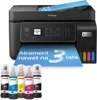 An Epson EcoTank L5310 printer is shown with ink bottles in the foreground and a printed sheet of paper coming out of the printer. Produktbild-Vorschau