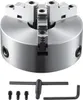 A metal three-jaw chuck with a chuck key and screws on a light gray background. Podgląd zdjęcia produktu