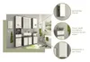 A modern bathroom with a set of white and gray bathroom furniture, including cabinets and a sink, with a bathtub in the background. Produktbild-Vorschau
