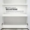 Interior view of a white cabinet with shelves, featuring text about its stability and load capacity. Produktbild-Vorschau