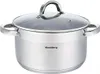 A stainless steel pot with a glass lid and handles. Voir les images du produit