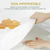 A hand is shown holding a white fabric, demonstrating its waterproof quality by showing a spill on the fabric that is not soaking through. Produktbild-Vorschau