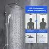 A shower system in use with a comparison graphic showing different shower head sizes. Produktbild-Vorschau