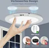 A hand is shown reaching for a round LED ceiling light, with diagrams illustrating its features and installation. Produktbild-Vorschau