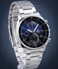 A close-up studio shot of a Casio Edifice chronograph watch with a blue dial and stainless steel bracelet. Voir les images du produit