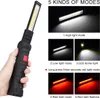 A hand holding a black LED work light, with multiple images showing different light modes. Produktbild-Vorschau