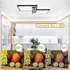 A modern kitchen with a ceiling light and three fruit displays showing different color rendering indexes. Produktbild-Vorschau